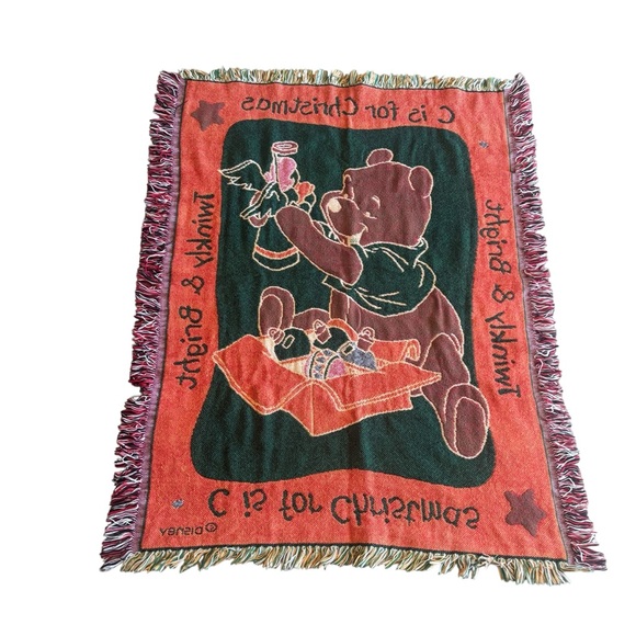 Vintage Winnie the Pooh C is for Christmas woven tapestry throw blanket  48 x 36 - Picture 4 of 5
